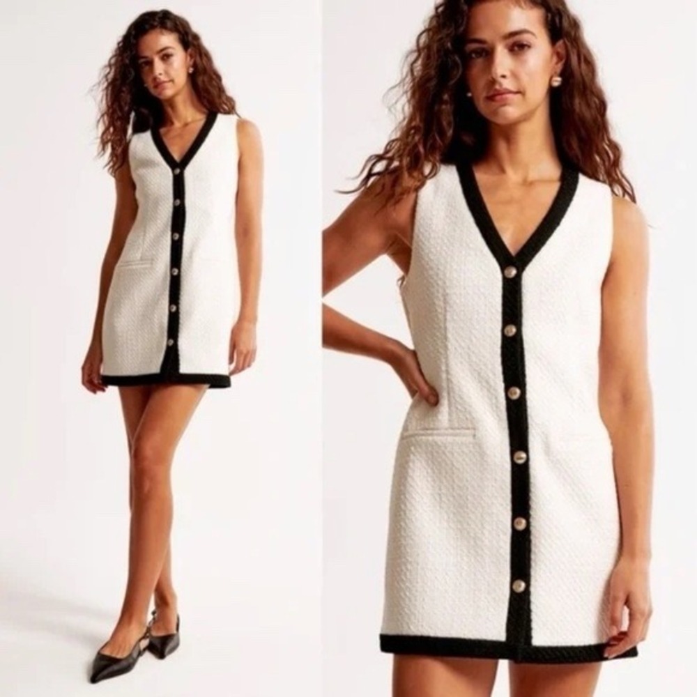 Abercrombie & Fitch Tweed Button-Down Mini Dress Cream Black Tall Small